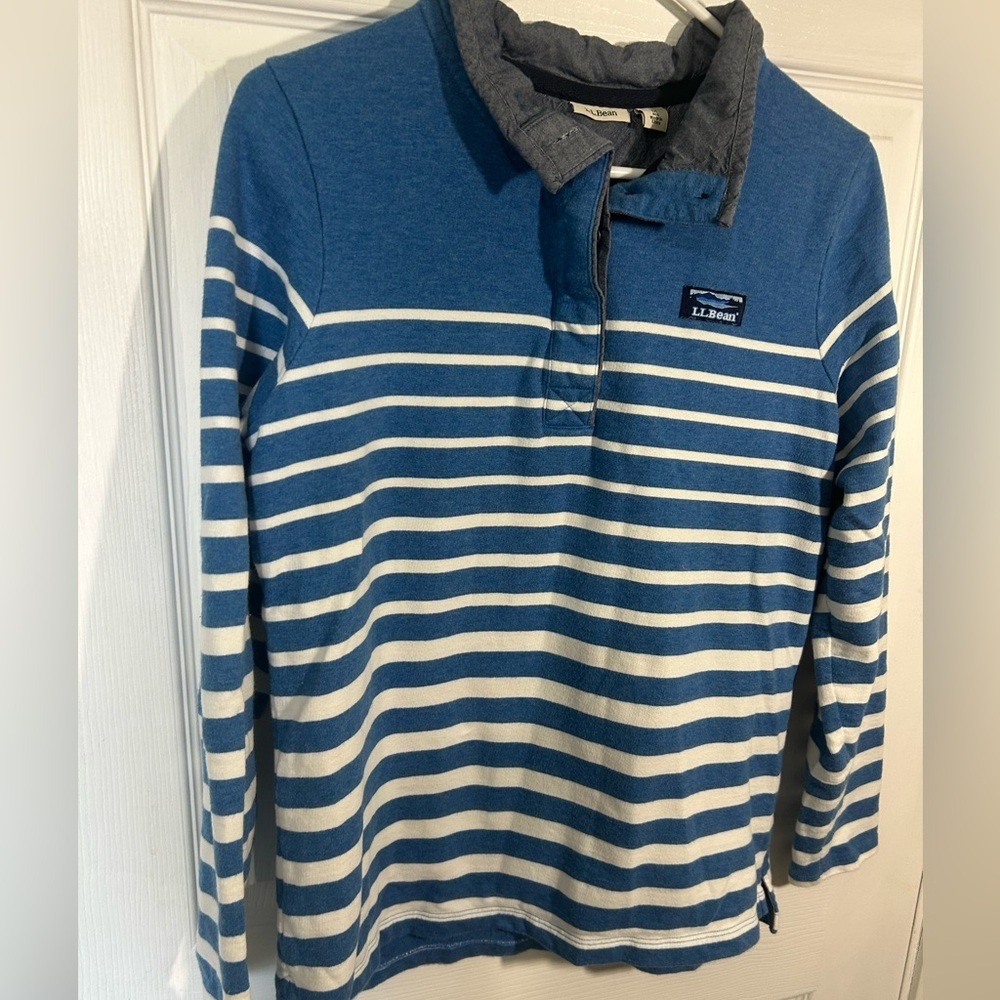L.L. Bean Blue White Striped Cotton Henley Long Sleeve Size Medium 1/4 Button - Picture 2 of 10